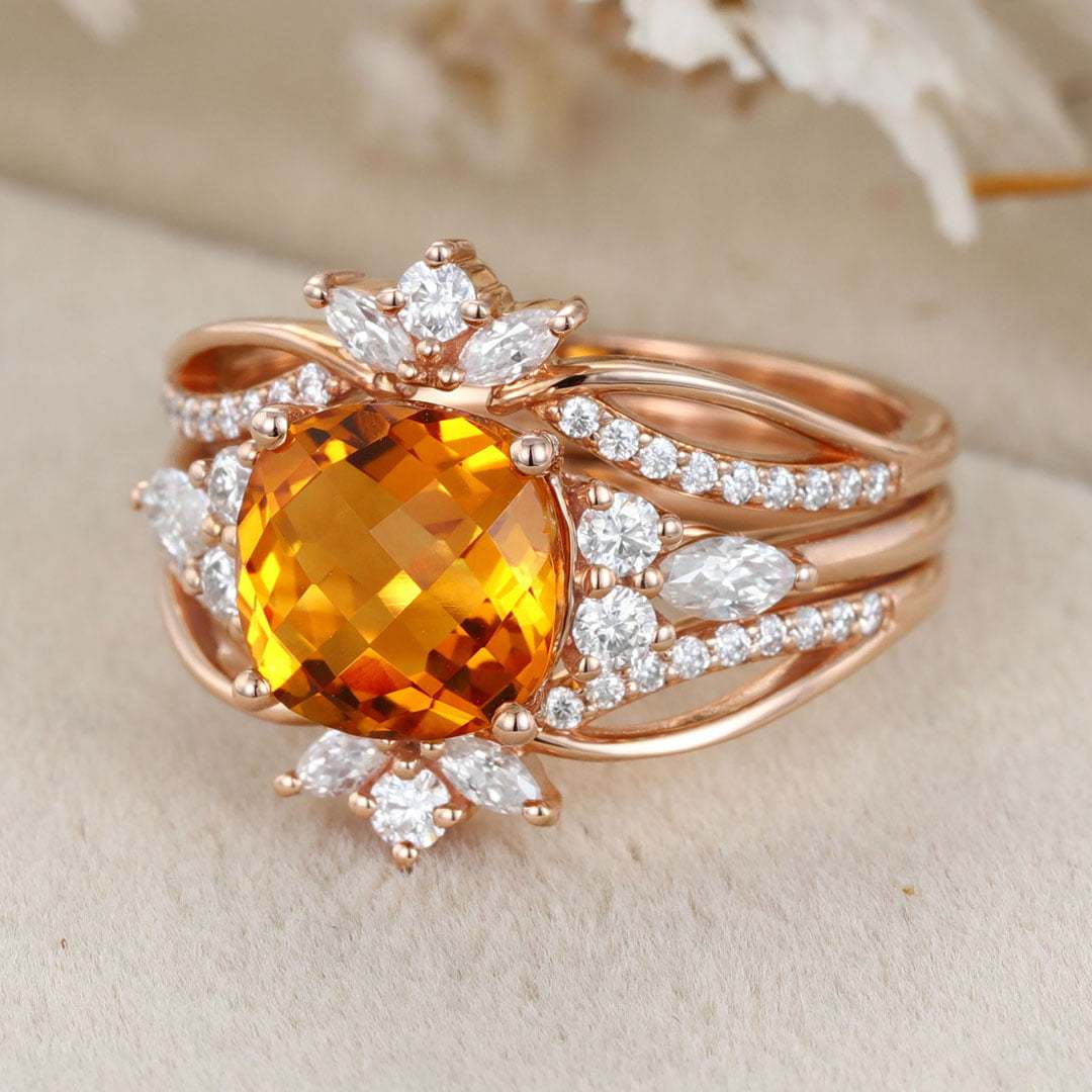 Unique Fat square Citrine engagement ring set Vintage rose gold diamond engagement ring enhancer ring bridal wedding band Anniversary gift