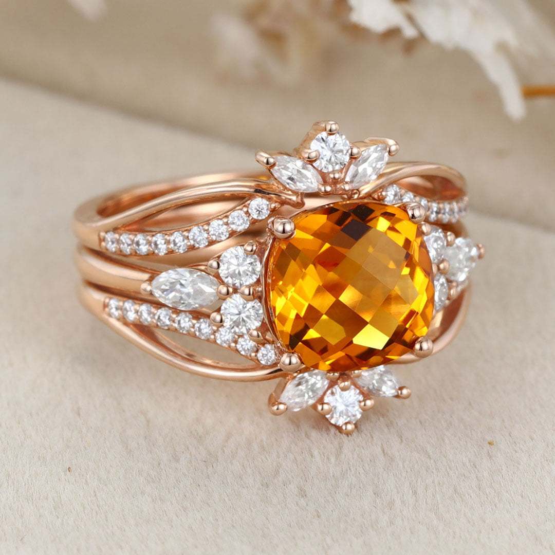 Unique Fat square Citrine engagement ring set Vintage rose gold diamond engagement ring enhancer ring bridal wedding band Anniversary gift