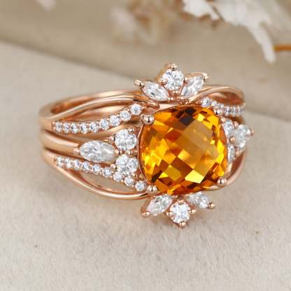 Unique Fat square Citrine engagement ring set Vintage rose gold diamond engagement ring enhancer ring bridal wedding band Anniversary gift