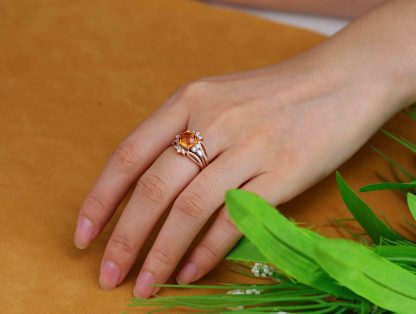 Unique Fat square Citrine engagement ring set Vintage rose gold diamond engagement ring enhancer ring bridal wedding band Anniversary gift