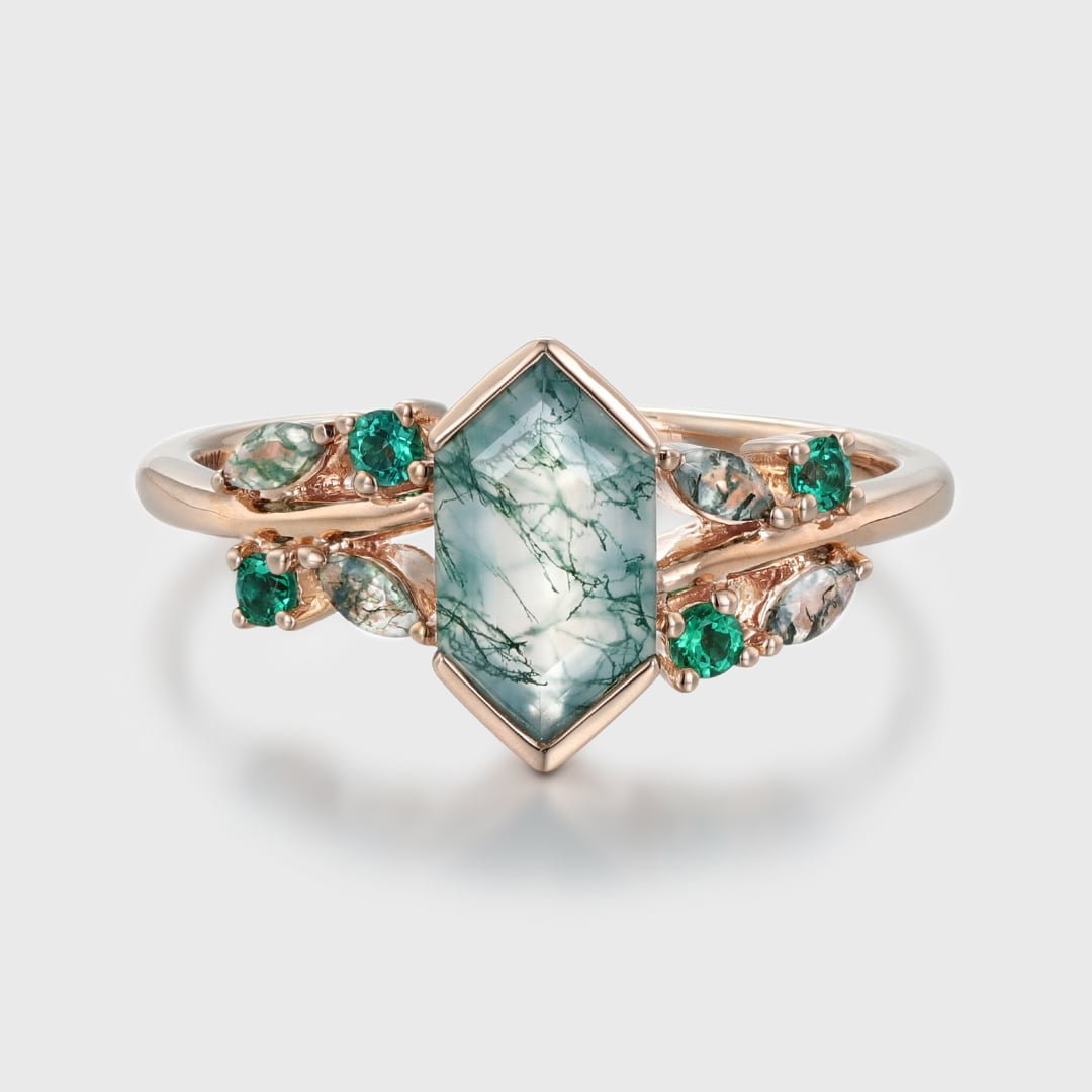 Unique Gemstone Ring Hexagon Cut Natural Moss Agate 14KRose gold Engagement Ring For Women Vintage Cluster Art Deco Bridal Ring Promise Gift