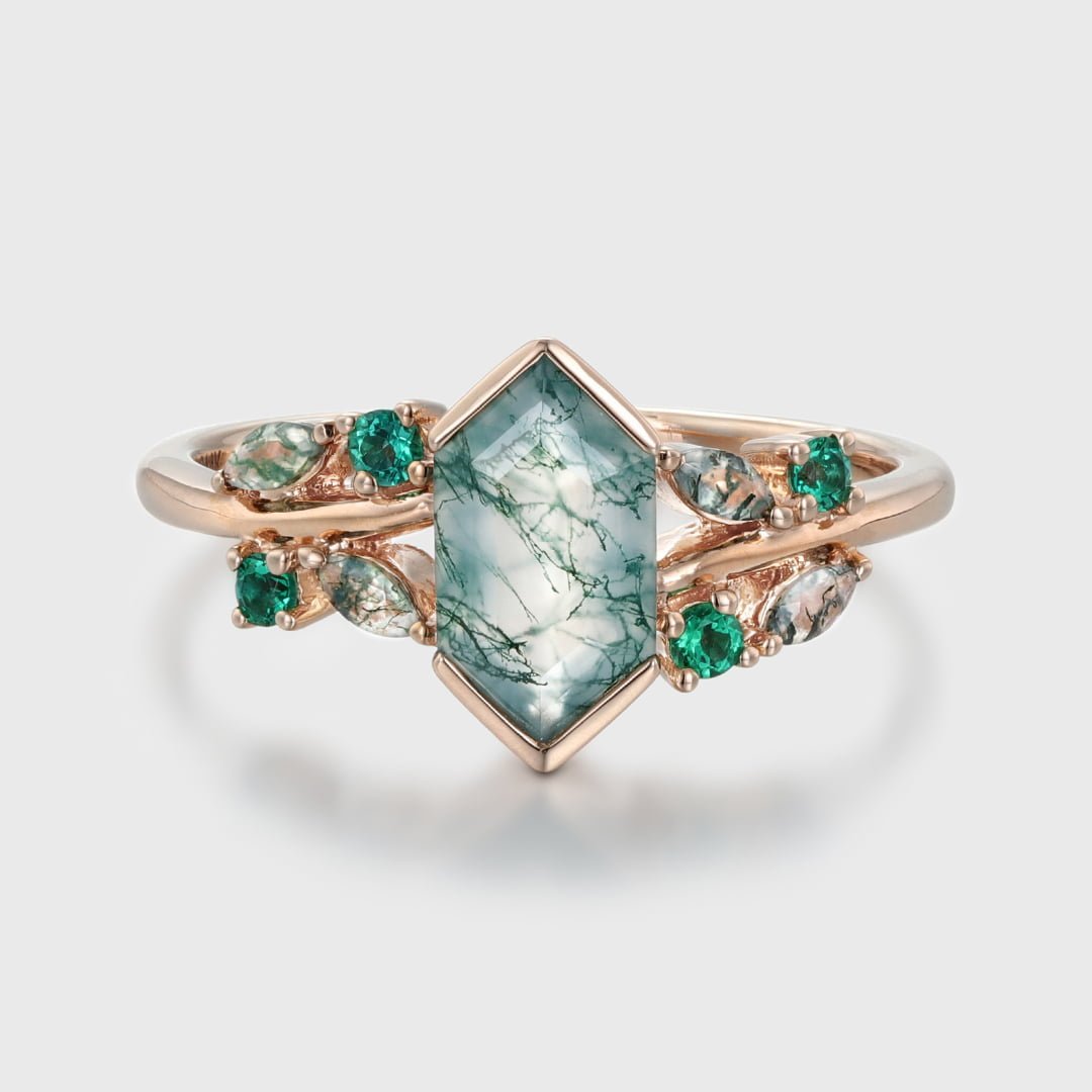 Unique Gemstone Ring Hexagon Cut Natural Moss Agate 14KRose gold Engagement Ring For Women Vintage Cluster Art Deco Bridal Ring Promise Gift