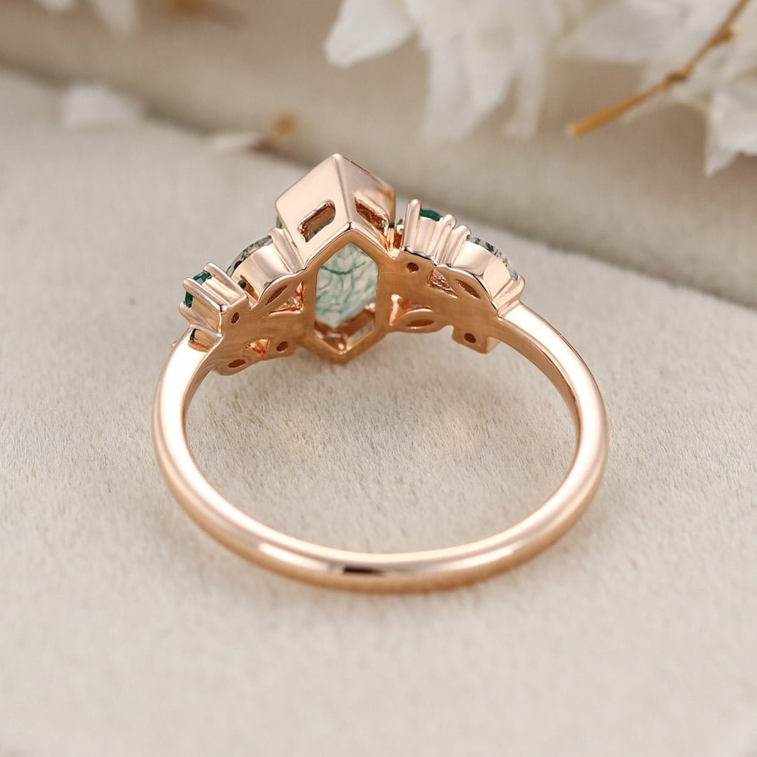 Unique Gemstone Ring Hexagon Cut Natural Moss Agate 14KRose gold Engagement Ring For Women Vintage Cluster Art Deco Bridal Ring Promise Gift