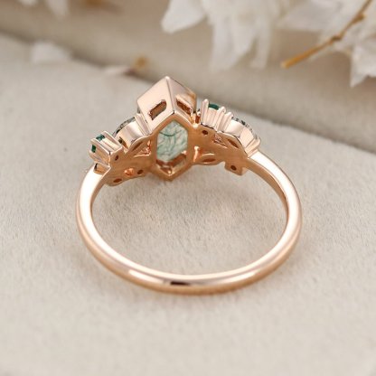 Unique Gemstone Ring Hexagon Cut Natural Moss Agate 14KRose gold Engagement Ring For Women Vintage Cluster Art Deco Bridal Ring Promise Gift