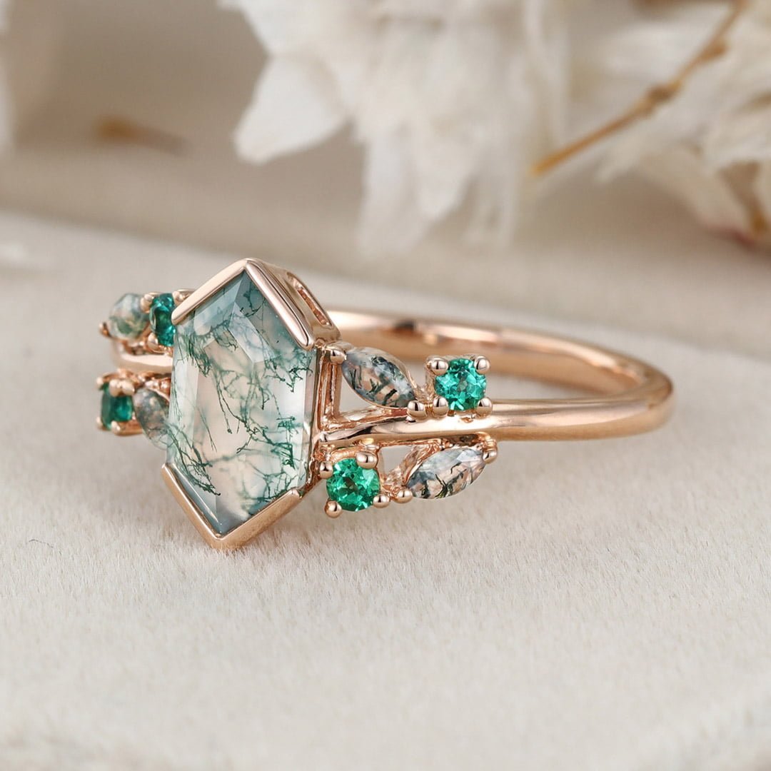 Unique Gemstone Ring Hexagon Cut Natural Moss Agate 14KRose gold Engagement Ring For Women Vintage Cluster Art Deco Bridal Ring Promise Gift