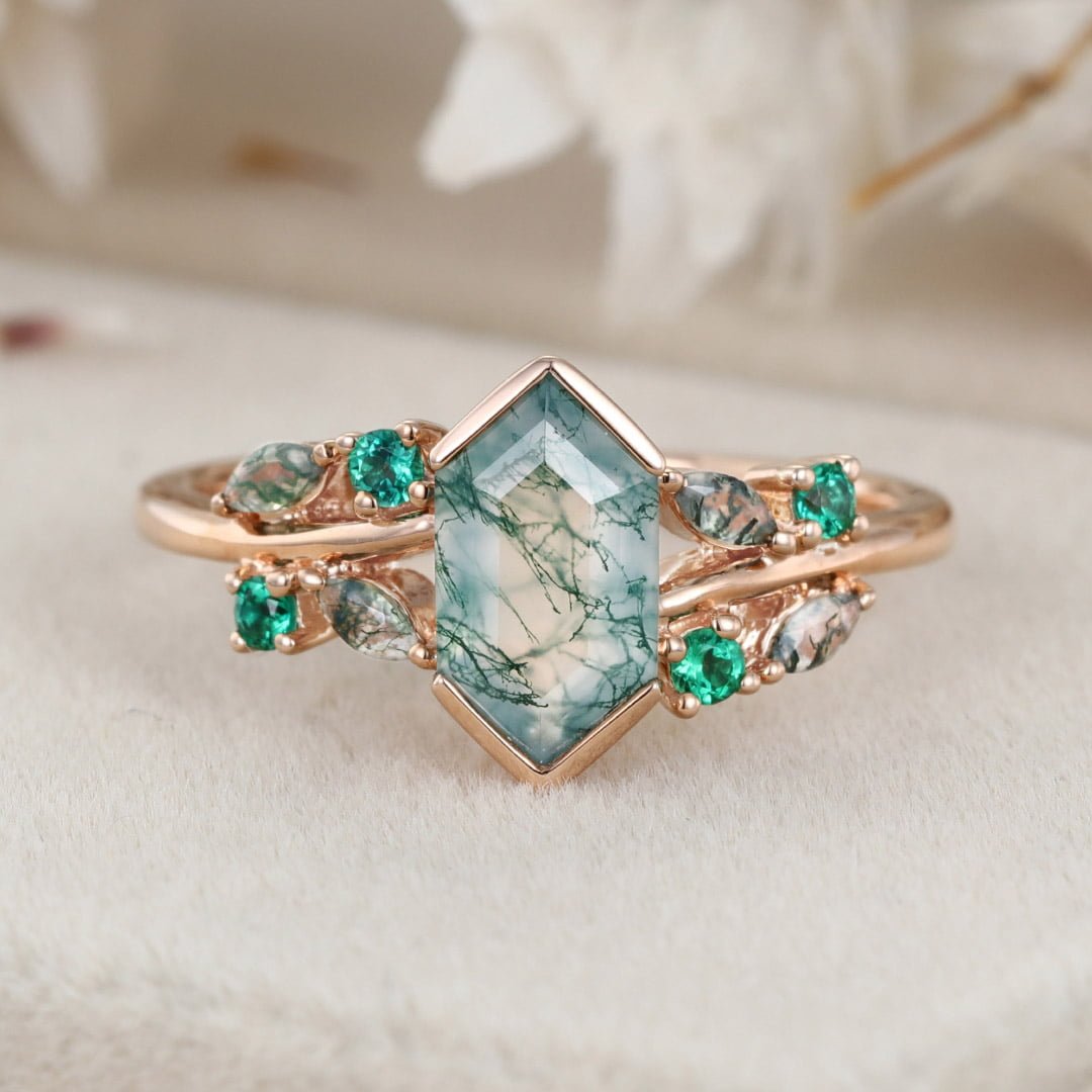 Unique Gemstone Ring Hexagon Cut Natural Moss Agate 14KRose gold Engagement Ring For Women Vintage Cluster Art Deco Bridal Ring Promise Gift