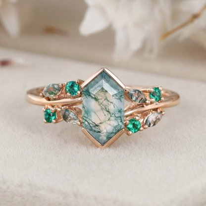 Unique Gemstone Ring Hexagon Cut Natural Moss Agate 14KRose gold Engagement Ring For Women Vintage Cluster Art Deco Bridal Ring Promise Gift