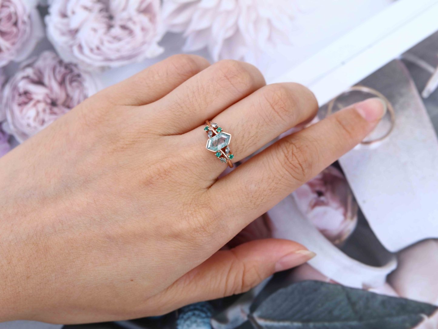 Unique Gemstone Ring Hexagon Cut Natural Moss Agate 14KRose gold Engagement Ring For Women Vintage Cluster Art Deco Bridal Ring Promise Gift