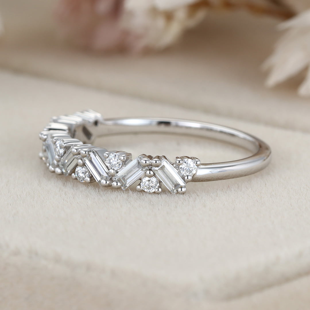 Unique Half Eternity Baguette cut Moissanite wedding band Vintage White gold Diamond wedding band Matching band Bridal Promise gift for women