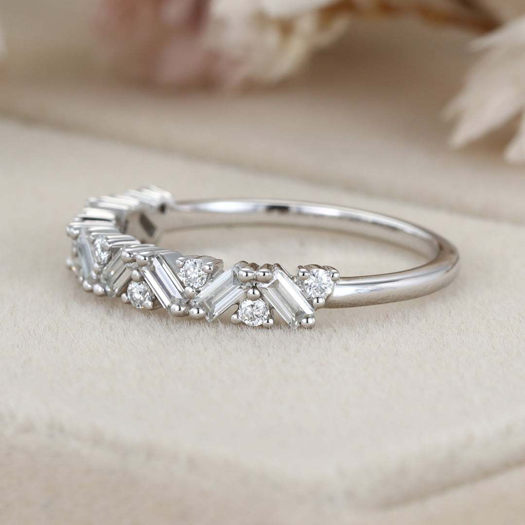 Unique Half Eternity Baguette cut Moissanite wedding band Vintage White gold Diamond wedding band Matching band Bridal Promise gift for women