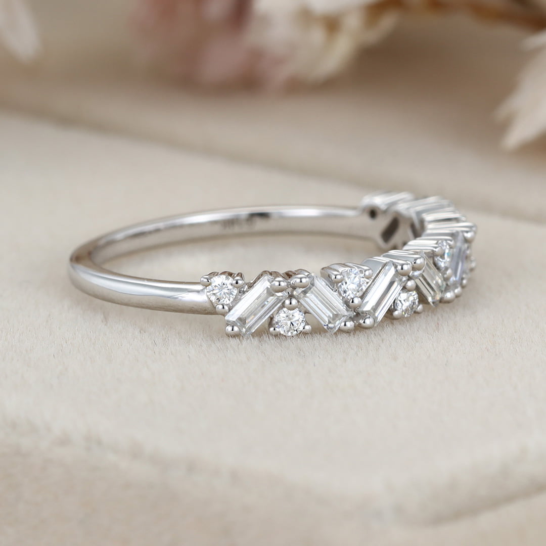 Unique Half Eternity Baguette cut Moissanite wedding band Vintage White gold Diamond wedding band Matching band Bridal Promise gift for women
