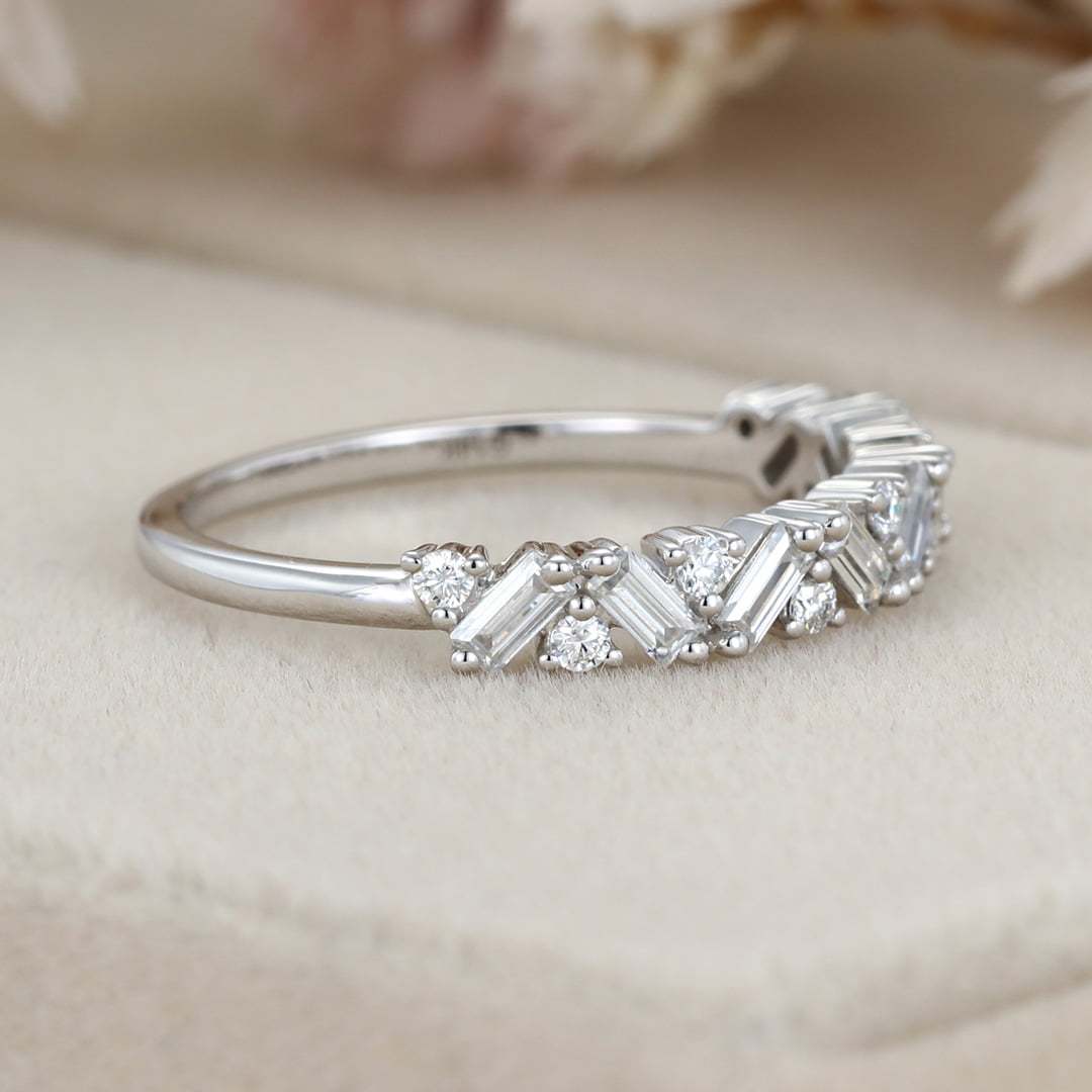 Unique Half Eternity Baguette cut Moissanite wedding band Vintage White gold Diamond wedding band Matching band Bridal Promise gift for women