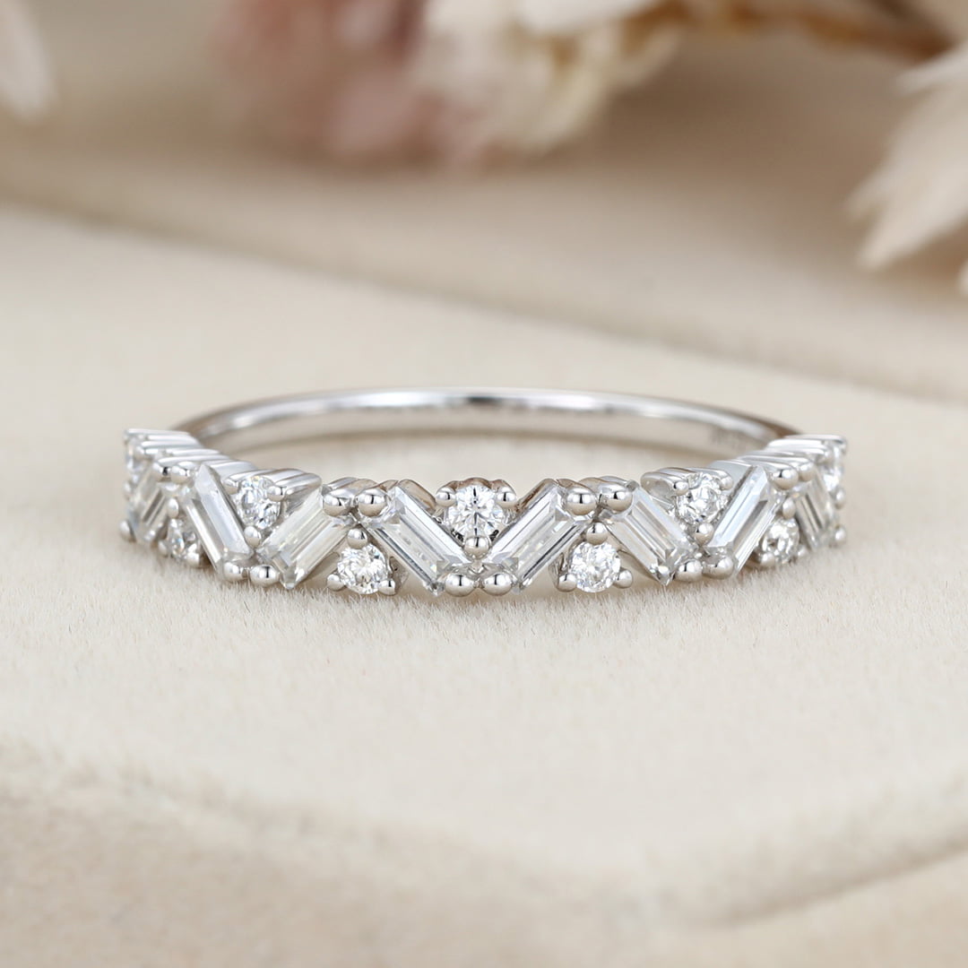 Unique Half Eternity Baguette cut Moissanite wedding band Vintage White gold Diamond wedding band Matching band Bridal Promise gift for women