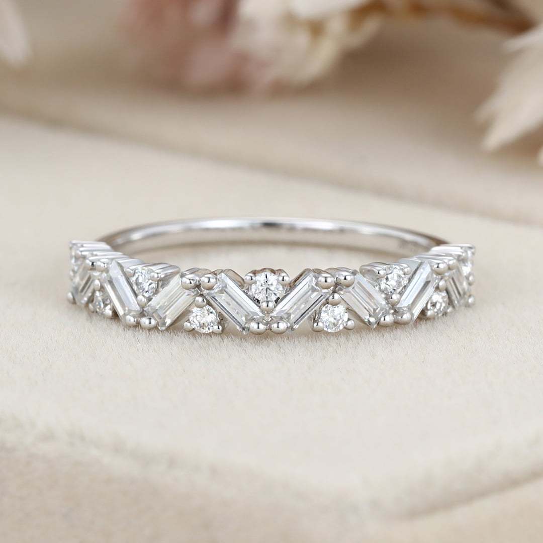 Unique Half Eternity Baguette cut Moissanite wedding band Vintage White gold Diamond wedding band Matching band Bridal Promise gift for women