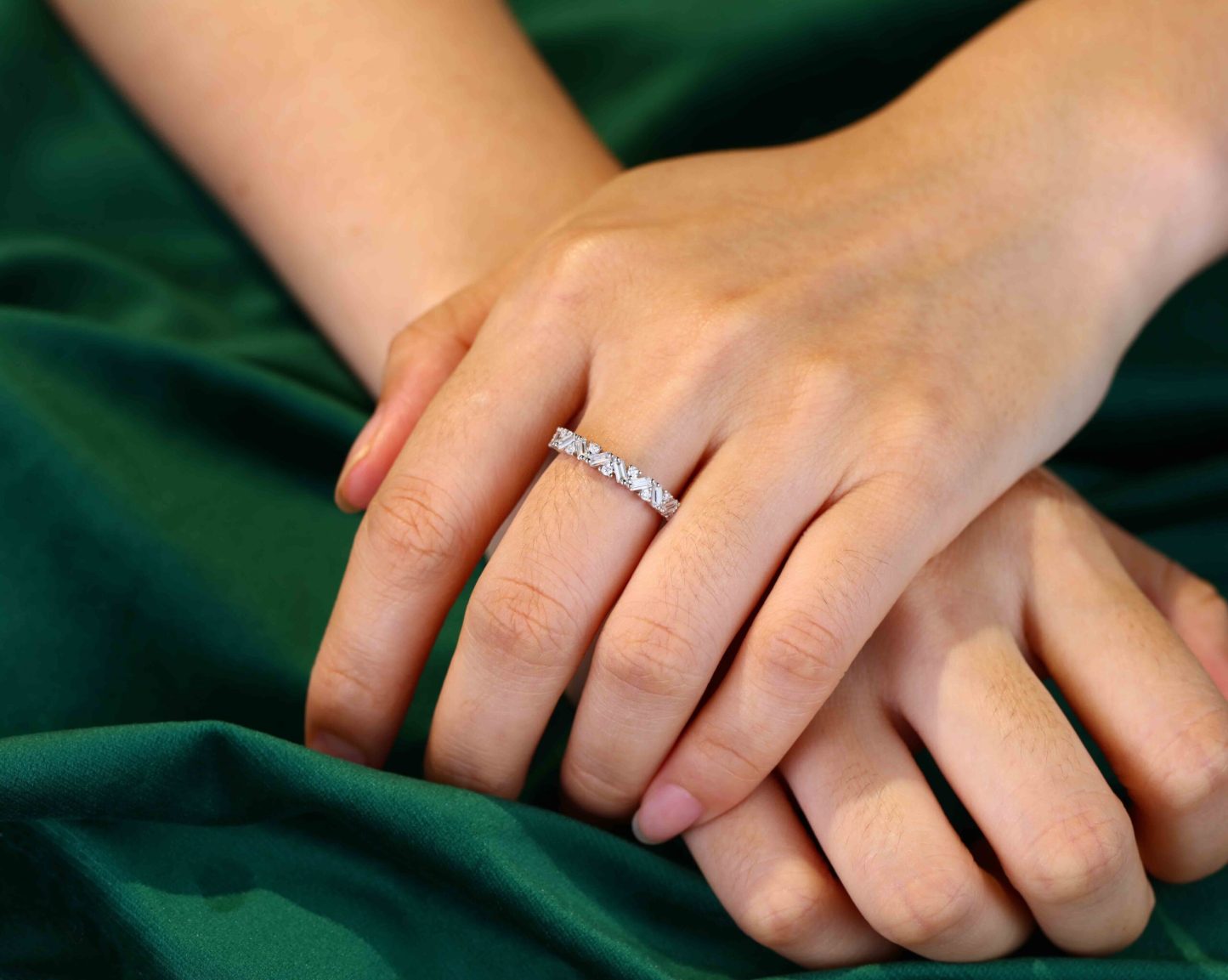 Unique Half Eternity Baguette cut Moissanite wedding band Vintage White gold Diamond wedding band Matching band Bridal Promise gift for women