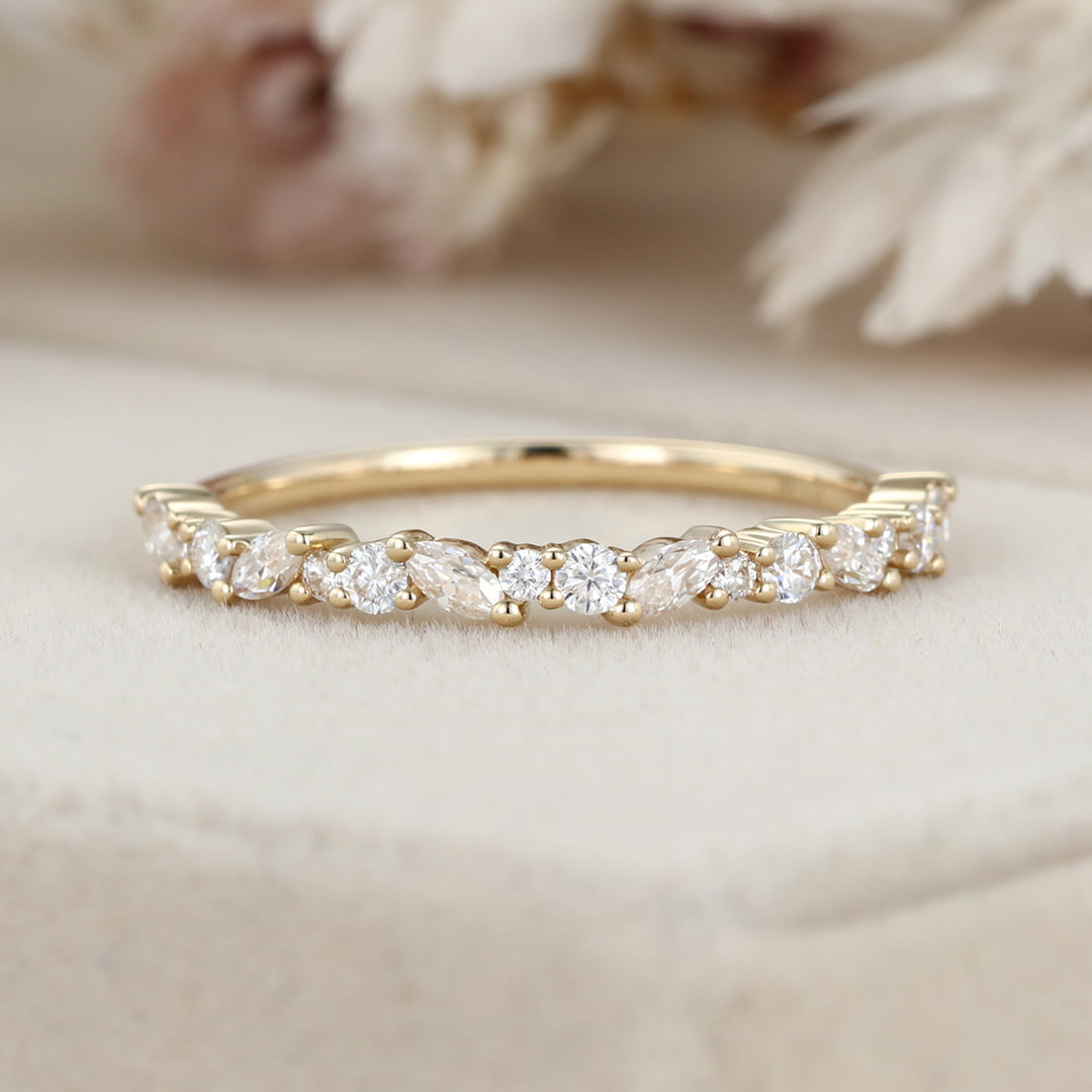 Unique Half Eternity diamond ring Solid 14K Yellow gold wedding band women Moissanite wedding band Vintage Bridal Promise gift for her
