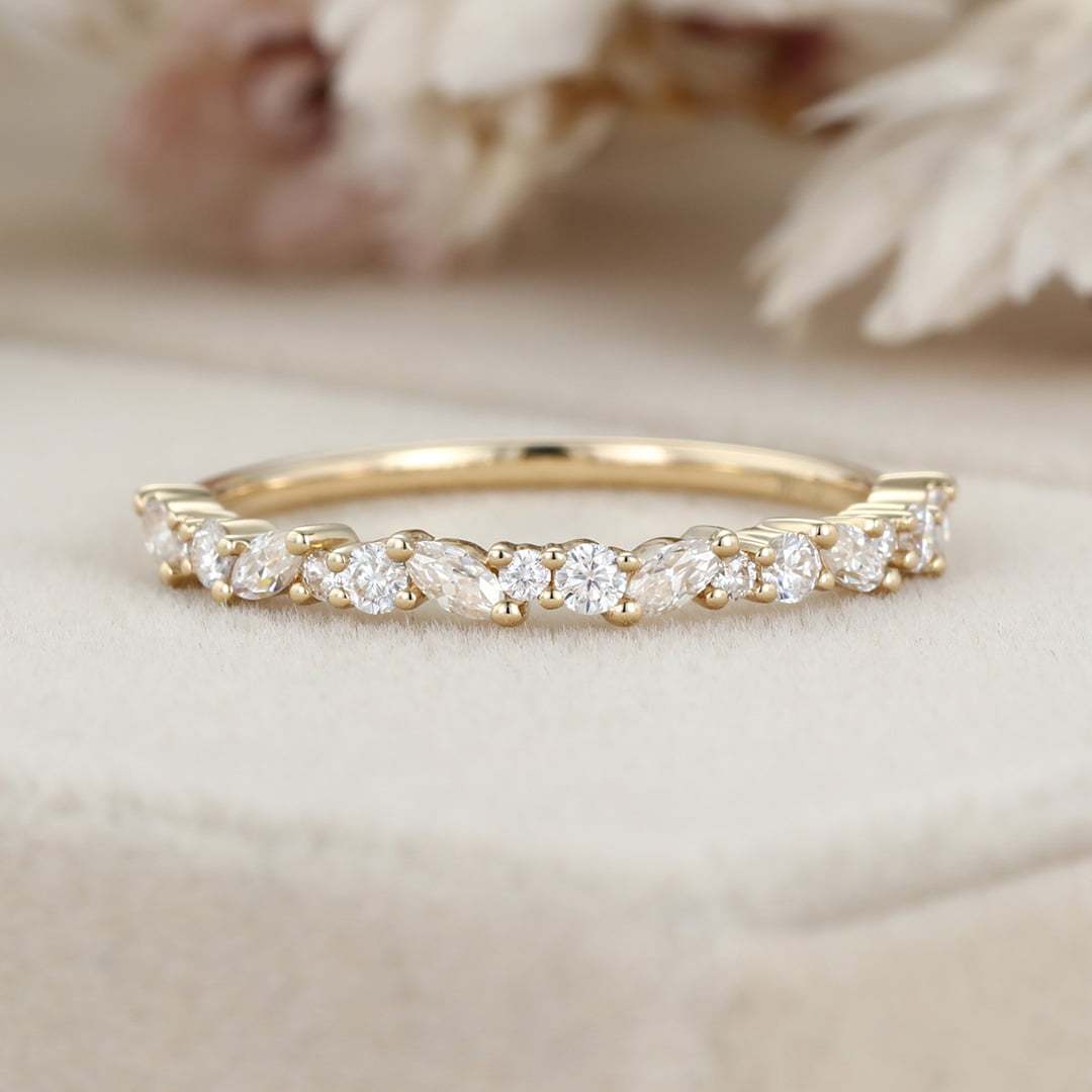 Unique Half Eternity diamond ring Solid 14K Yellow gold wedding band women Moissanite wedding band Vintage Bridal Promise gift for her
