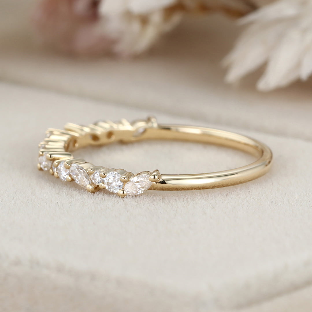 Unique Half Eternity diamond ring Solid 14K Yellow gold wedding band women Moissanite wedding band Vintage Bridal Promise gift for her