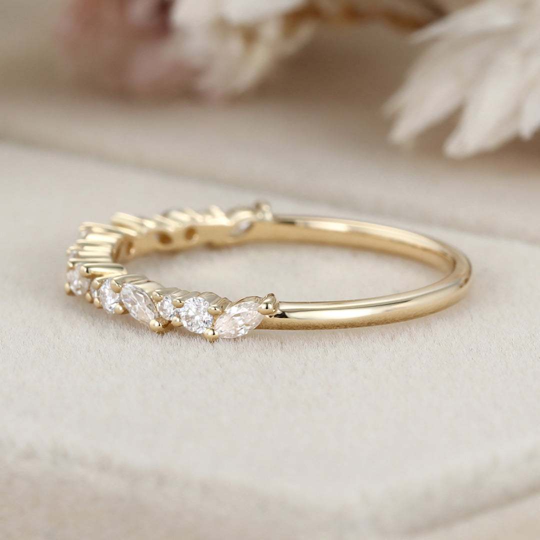 Unique Half Eternity diamond ring Solid 14K Yellow gold wedding band women Moissanite wedding band Vintage Bridal Promise gift for her