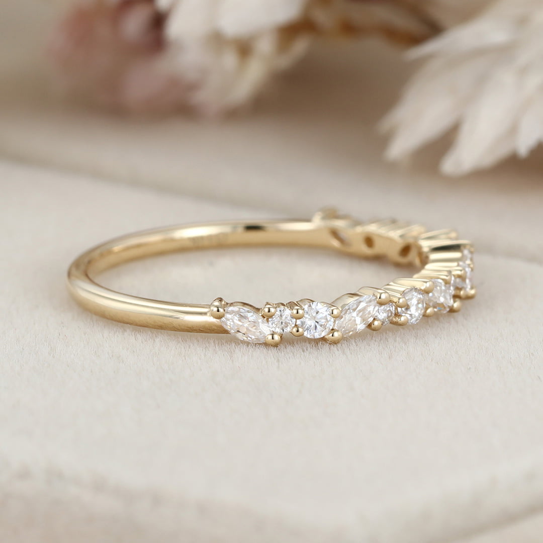 Unique Half Eternity diamond ring Solid 14K Yellow gold wedding band women Moissanite wedding band Vintage Bridal Promise gift for her