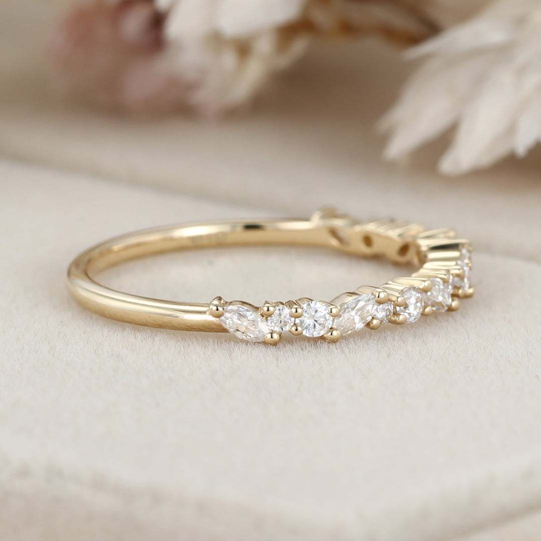 Unique Half Eternity diamond ring Solid 14K Yellow gold wedding band women Moissanite wedding band Vintage Bridal Promise gift for her