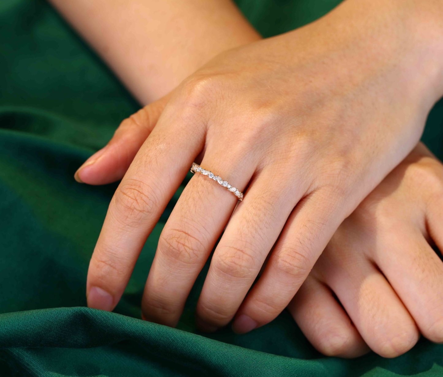 Unique Half Eternity diamond ring Solid 14K Yellow gold wedding band women Moissanite wedding band Vintage Bridal Promise gift for her