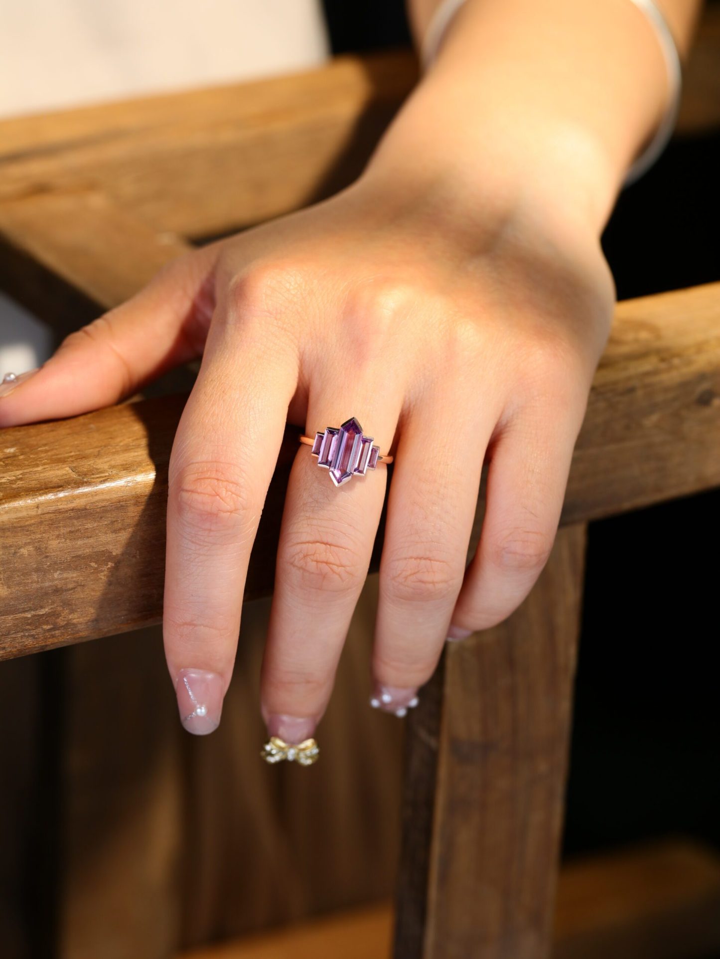 Unique Hexagon Amethyst engagement ring 14K Rose gold ring Cluster baguette engagement ring Bezel Set art deco Bridal Promise Anniversary