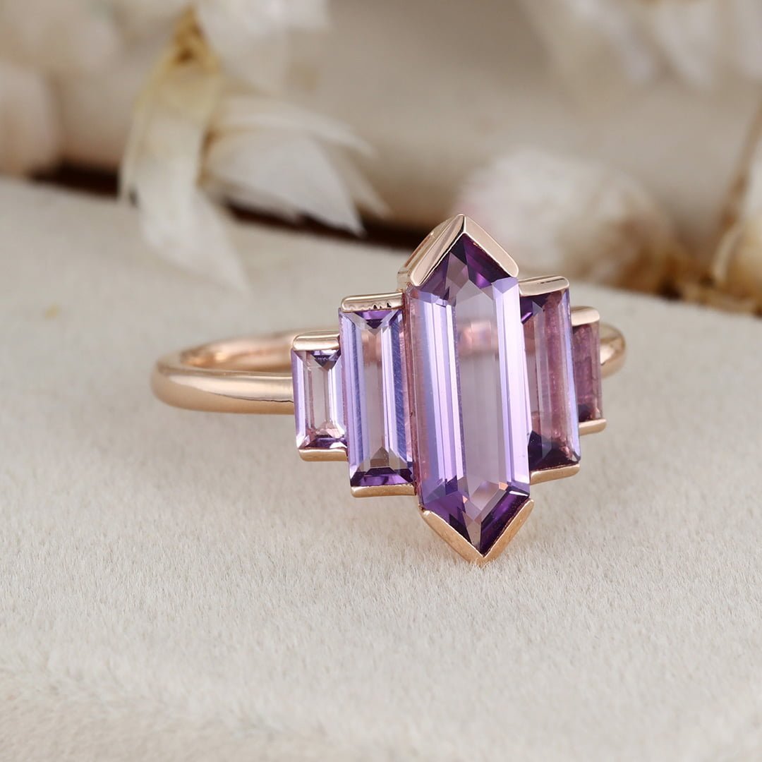 Unique Hexagon Amethyst engagement ring 14K Rose gold ring Cluster baguette engagement ring Bezel Set art deco Bridal Promise Anniversary