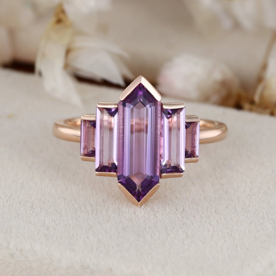Unique Hexagon Amethyst engagement ring 14K Rose gold ring Cluster baguette engagement ring Bezel Set art deco Bridal Promise Anniversary