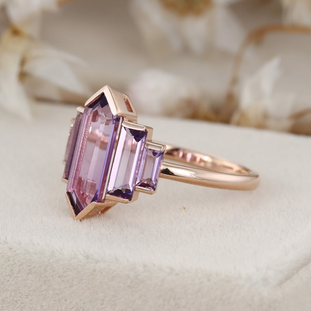 Unique Hexagon Amethyst engagement ring 14K Rose gold ring Cluster baguette engagement ring Bezel Set art deco Bridal Promise Anniversary