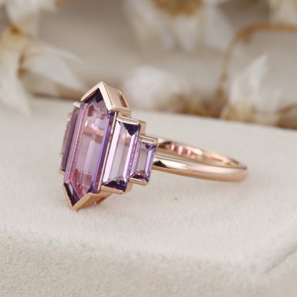 Unique Hexagon Amethyst engagement ring 14K Rose gold ring Cluster baguette engagement ring Bezel Set art deco Bridal Promise Anniversary