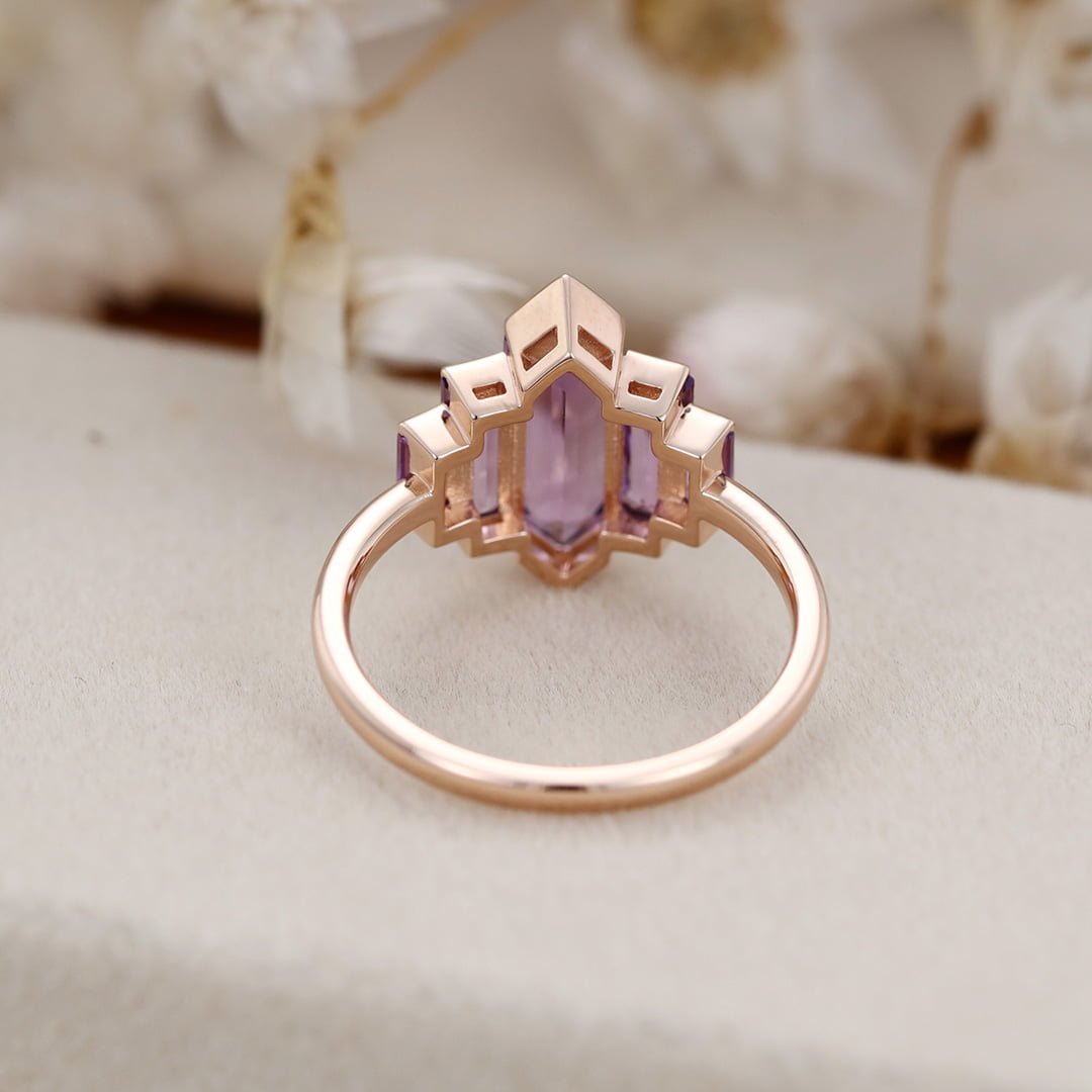 Unique Hexagon Amethyst engagement ring 14K Rose gold ring Cluster baguette engagement ring Bezel Set art deco Bridal Promise Anniversary