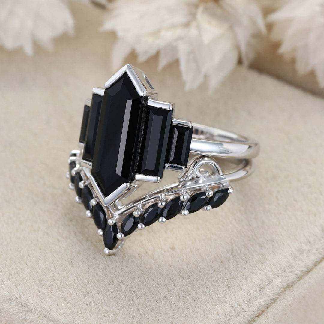 Unique Hexagon Black Onyx Ring Set 14K White Gold Cluster Baguette Engagement Ring Bezel Set Art Deco Ring