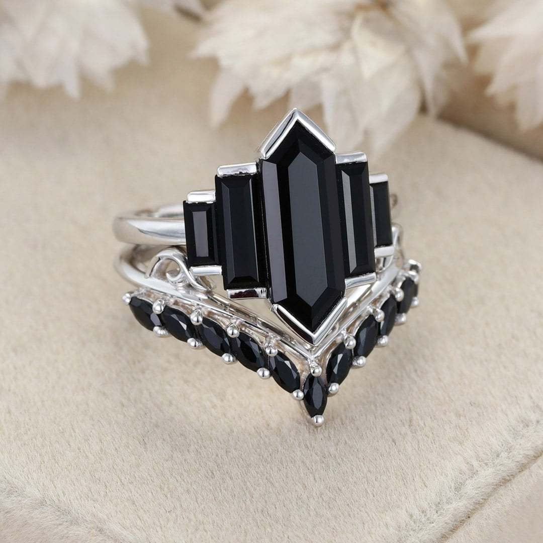 Unique Hexagon Black Onyx Ring Set 14K White Gold Cluster Baguette Engagement Ring Bezel Set Art Deco Ring