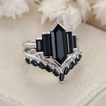 Unique Hexagon Black Onyx Ring Set 14K White Gold Cluster Baguette Engagement Ring Bezel Set Art Deco Ring