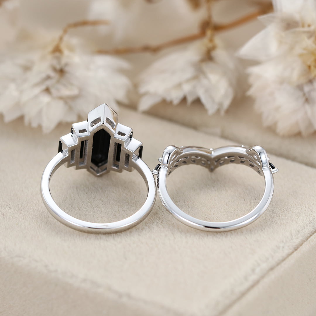 Unique Hexagon Black Onyx Ring Set 14K White Gold Cluster Baguette Engagement Ring Bezel Set Art Deco Ring
