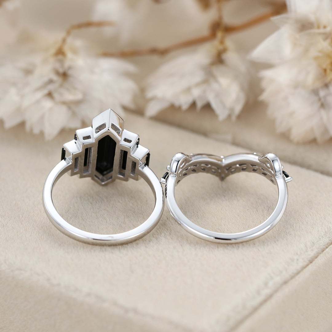 Unique Hexagon Black Onyx Ring Set 14K White Gold Cluster Baguette Engagement Ring Bezel Set Art Deco Ring