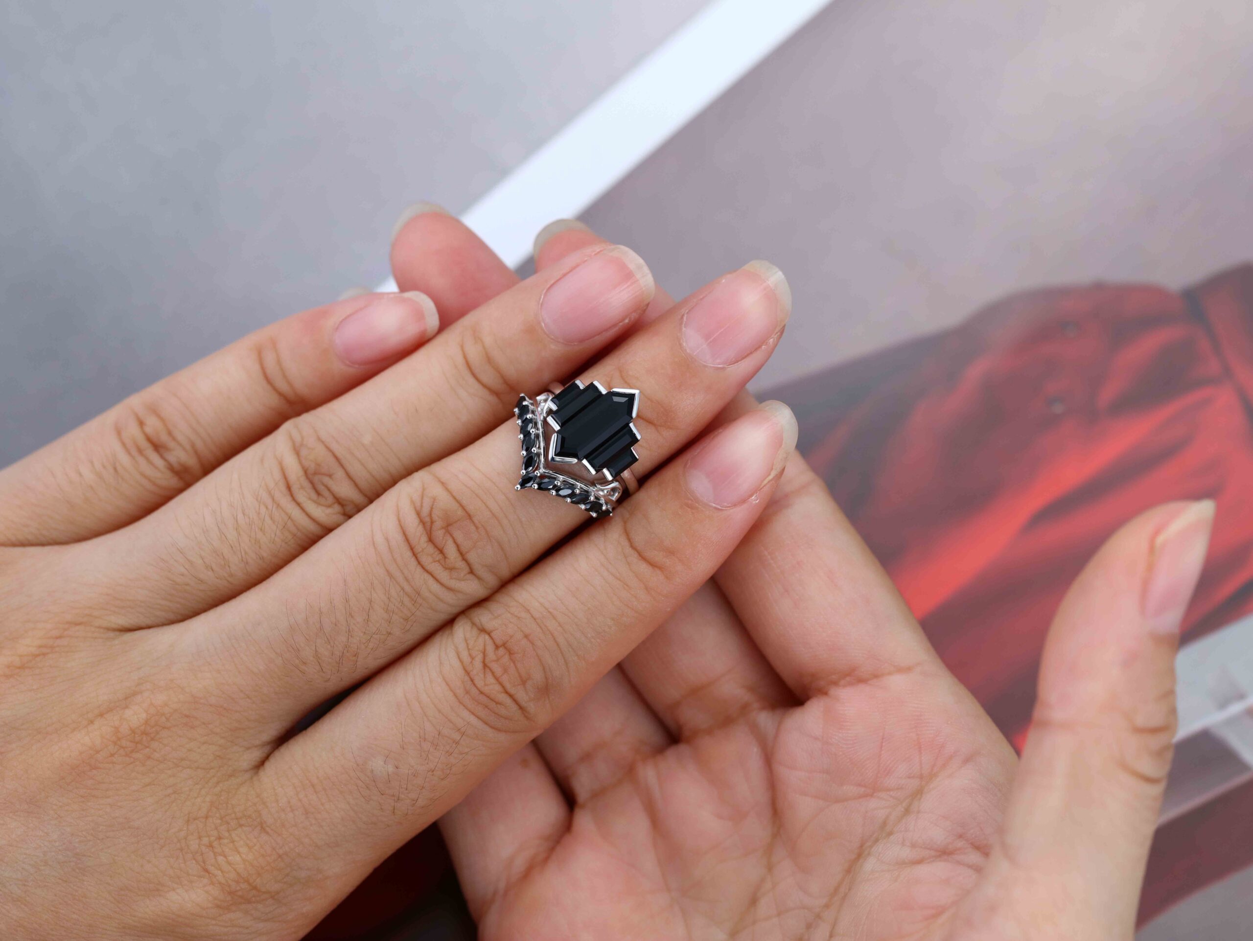 Unique Hexagon Black Onyx Ring Set 14K White Gold Cluster Baguette Engagement Ring Bezel Set Art Deco Ring