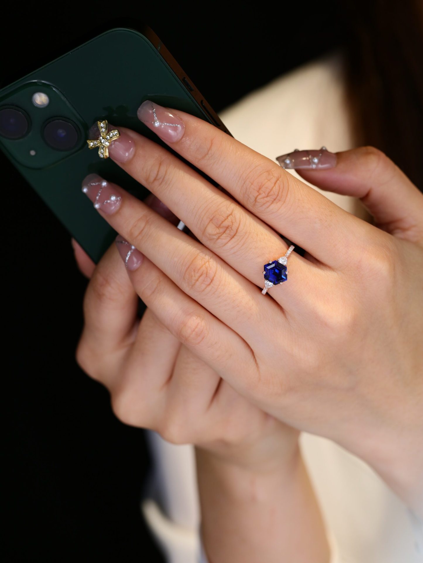 Unique Hexagon Blue Lab Sapphire engagement ring Dainty Vintage 14K Rose gold Moissanite engagement ring Bridal Promise Anniversary gift