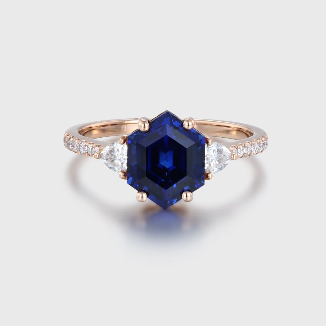 Unique Hexagon Cut Lab Grown Sapphire Engagement Ring Dainty Vintage 14K Rose Gold