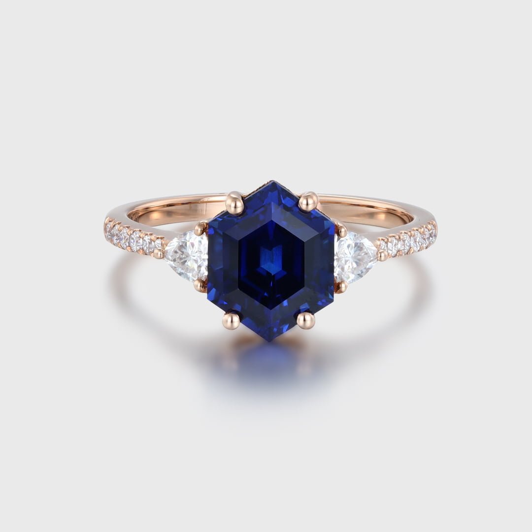 Unique Hexagon Cut Lab Grown Sapphire Engagement Ring Dainty Vintage 14K Rose Gold
