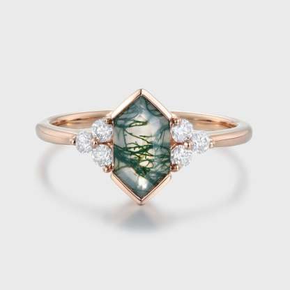 Unique Hexagon Cut Natural Moss Agate Ring Vintage 14K Rose Gold Gemstone Engagement Ring For Women Moissanite Cluster Art Deco Ring Gift