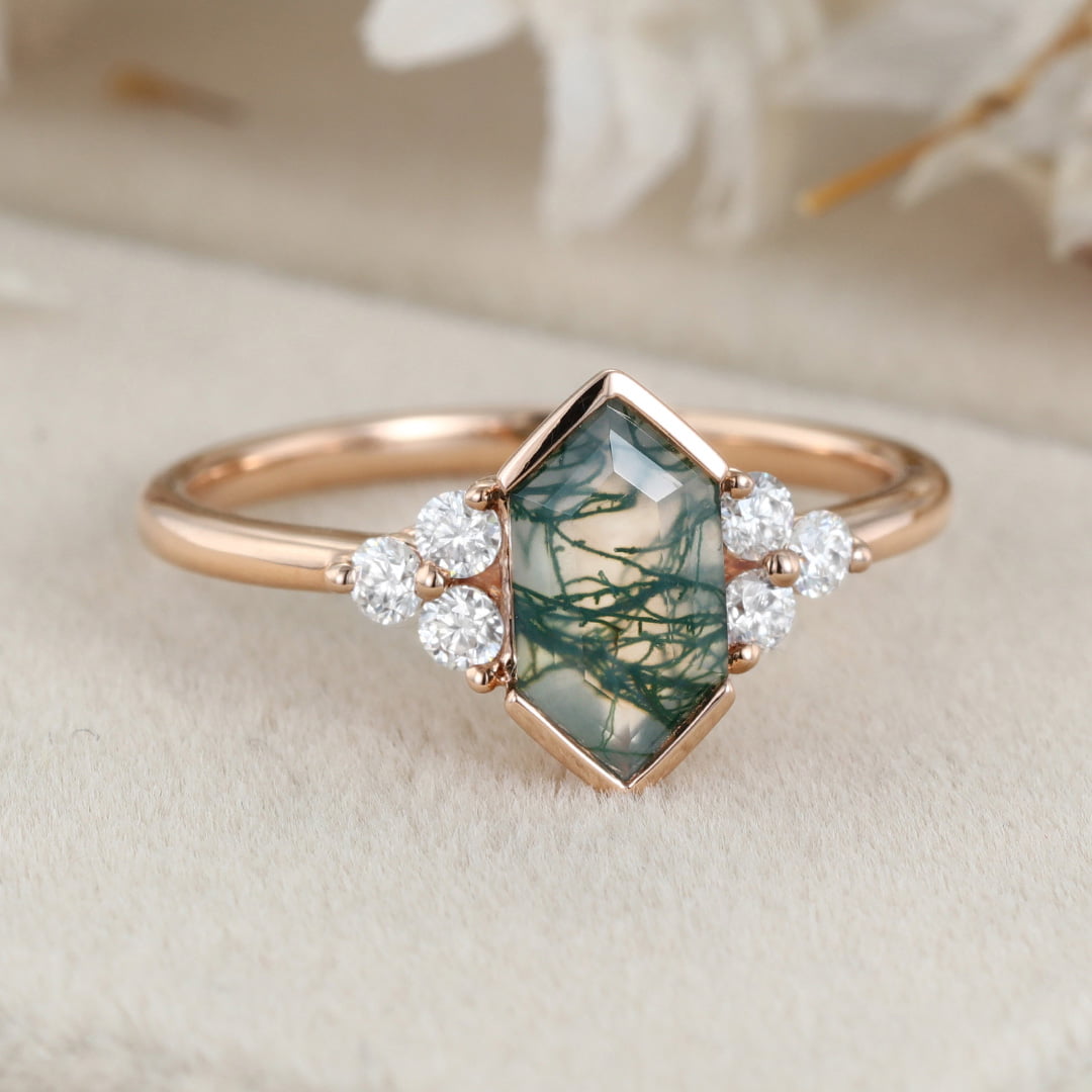 Unique Hexagon Cut Natural Moss Agate Ring Vintage 14K Rose Gold Gemstone Engagement Ring For Women Moissanite Cluster Art Deco Ring Gift