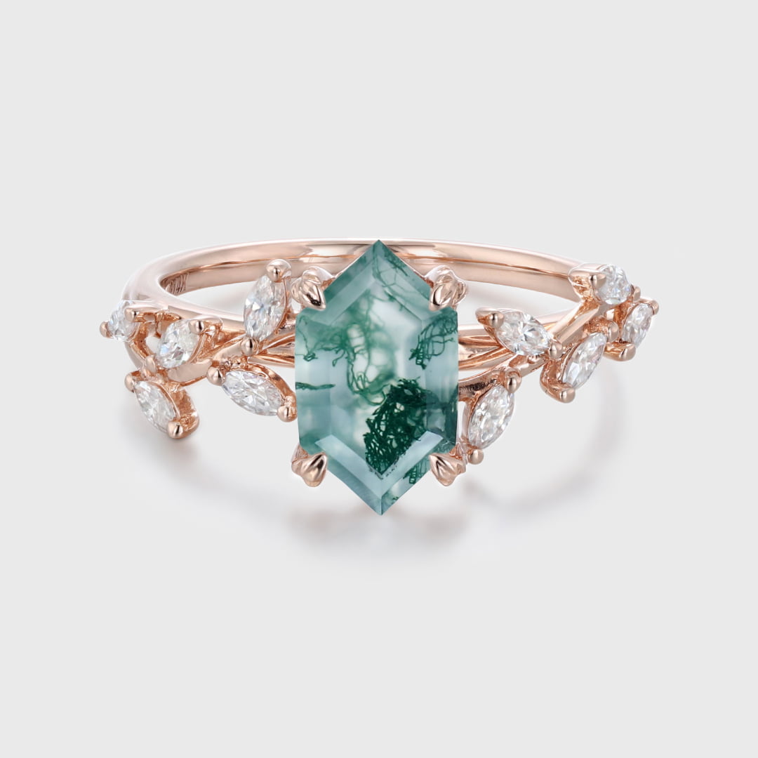 Unique Hexagon Cut Nature Inspired Moss Agate Ring Marquise Diamond in 14K Gold Branch Design