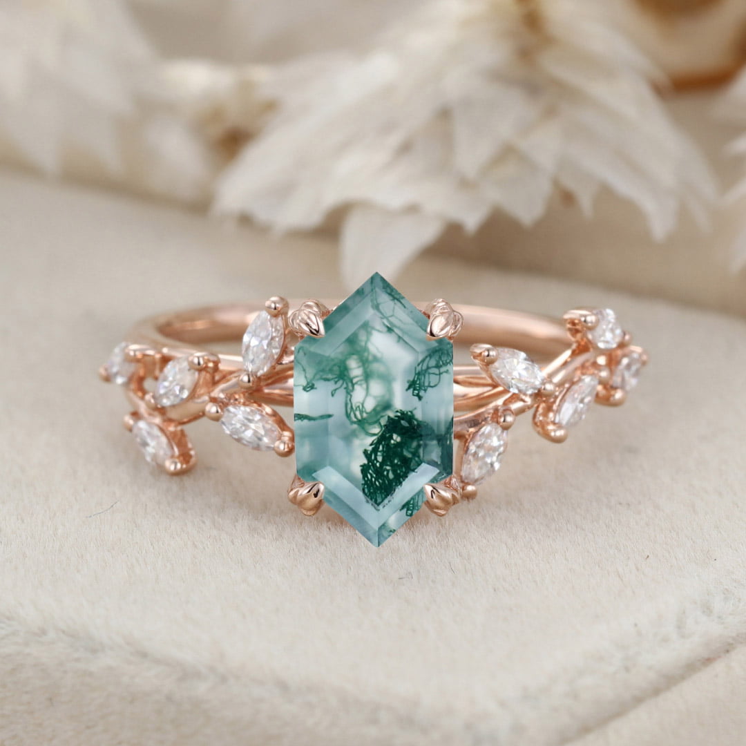 Unique Hexagon Cut Nature Inspired Moss Agate Ring Marquise Diamond in 14K Gold Branch Design