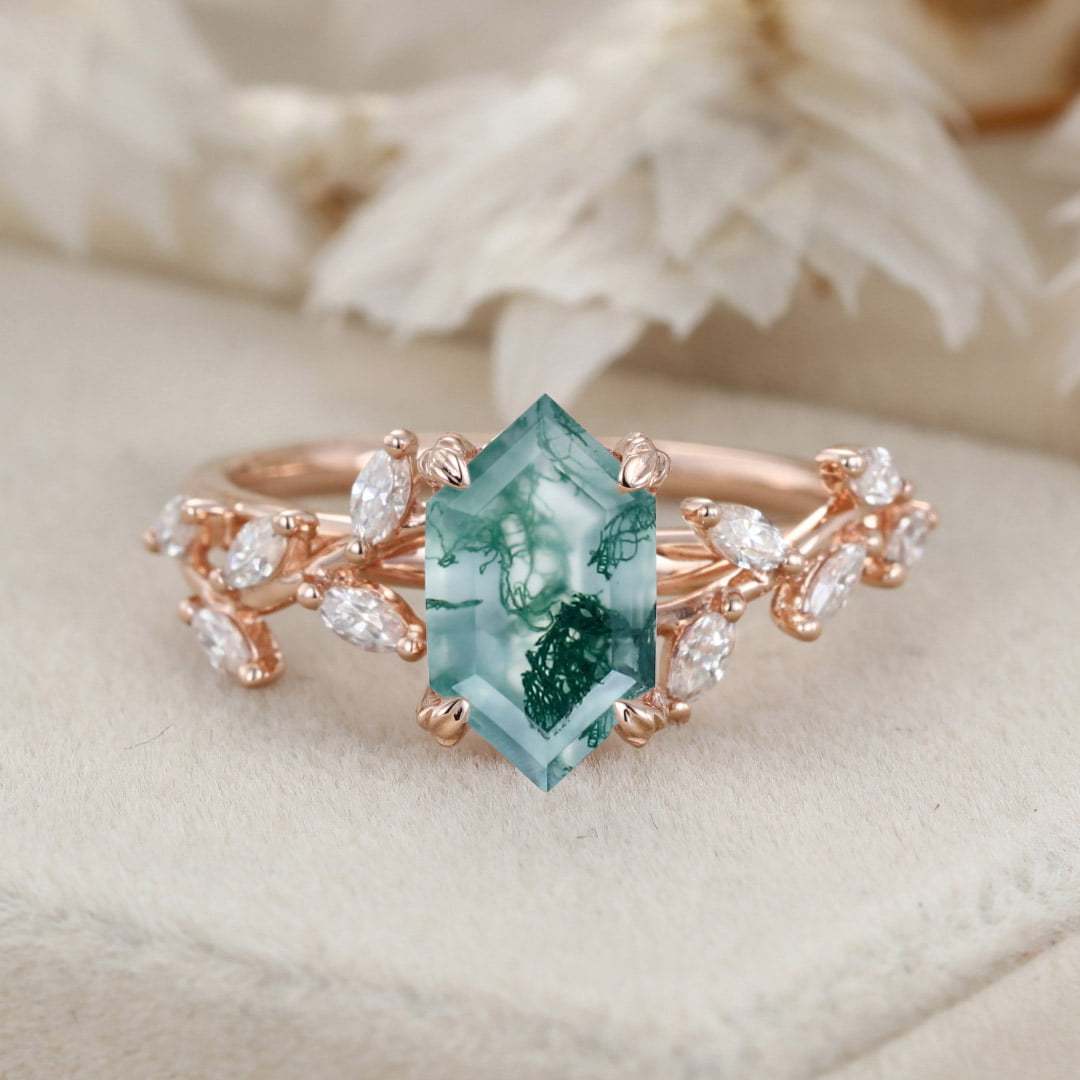 Unique Hexagon Cut Nature Inspired Moss Agate Ring Marquise Diamond in 14K Gold Branch Design