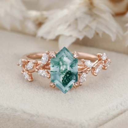 Unique Hexagon Cut Nature Inspired Moss Agate Ring Marquise Diamond in 14K Gold Branch Design