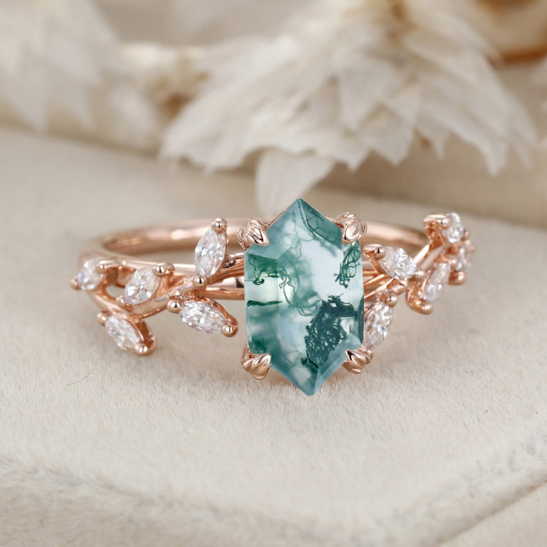 Unique Hexagon Cut Nature Inspired Moss Agate Ring Marquise Diamond in 14K Gold Branch Design