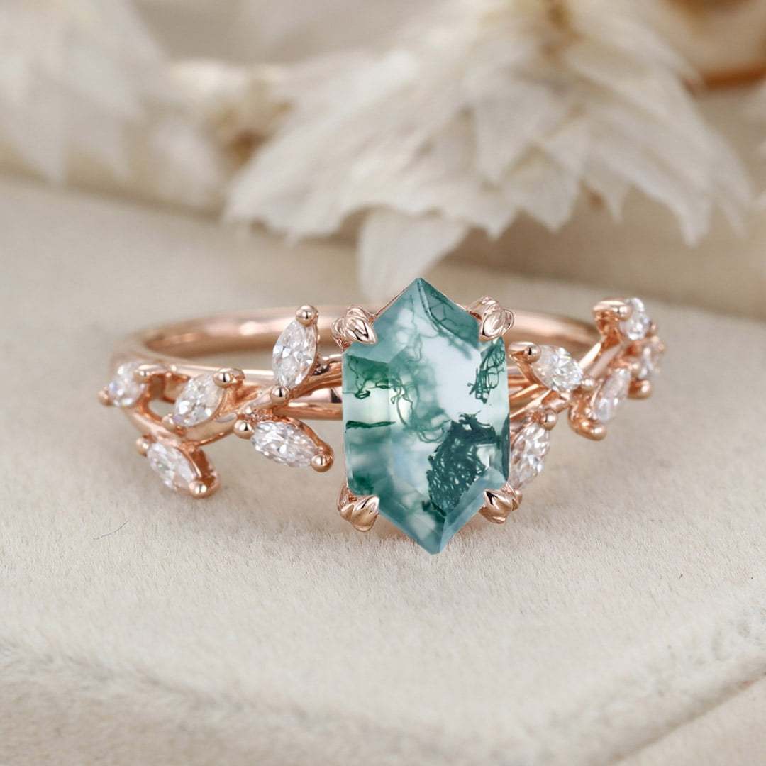 Unique Hexagon Cut Nature Inspired Moss Agate Ring Marquise Diamond in 14K Gold Branch Design