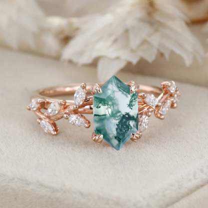 Unique Hexagon Cut Nature Inspired Moss Agate Ring Marquise Diamond in 14K Gold Branch Design